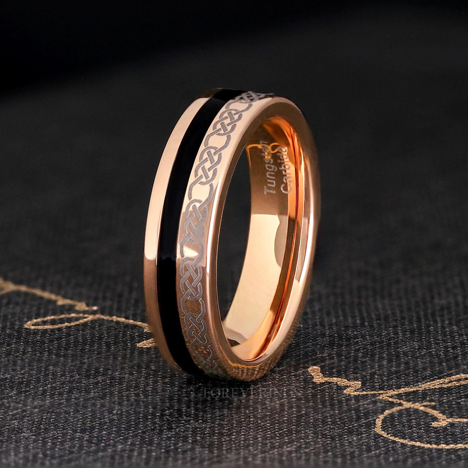 Black Onyx Mens Wedding Band, Rose Gold Tungsten Celtic Knot Ring, 6mm Unique Men Engagement & Promise Ring, Flat Offset Inlay Ring for Him