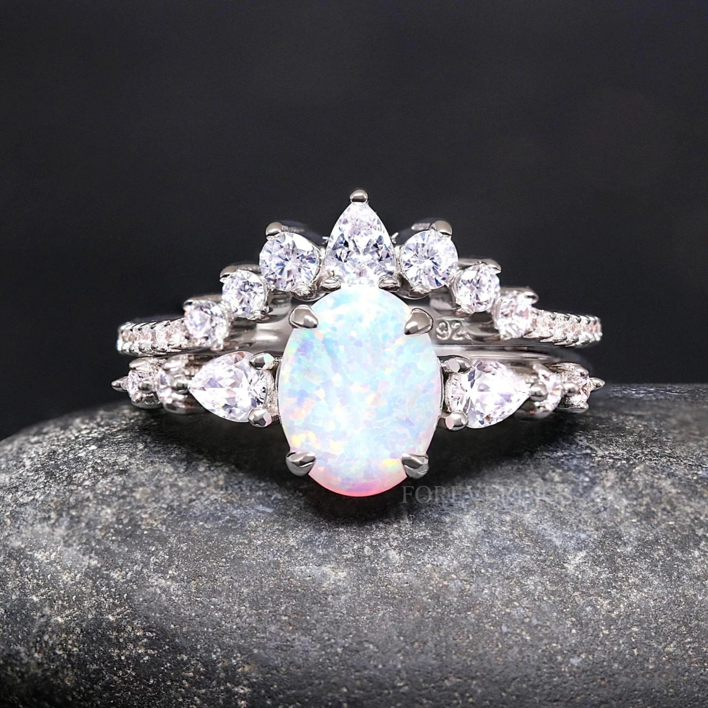 Vintage White Fire Opal Engagement Ring, Unique Silver Ring, Polished, Oval Alternative Wedding Ring, Promise Ring for Her, Bridal Set