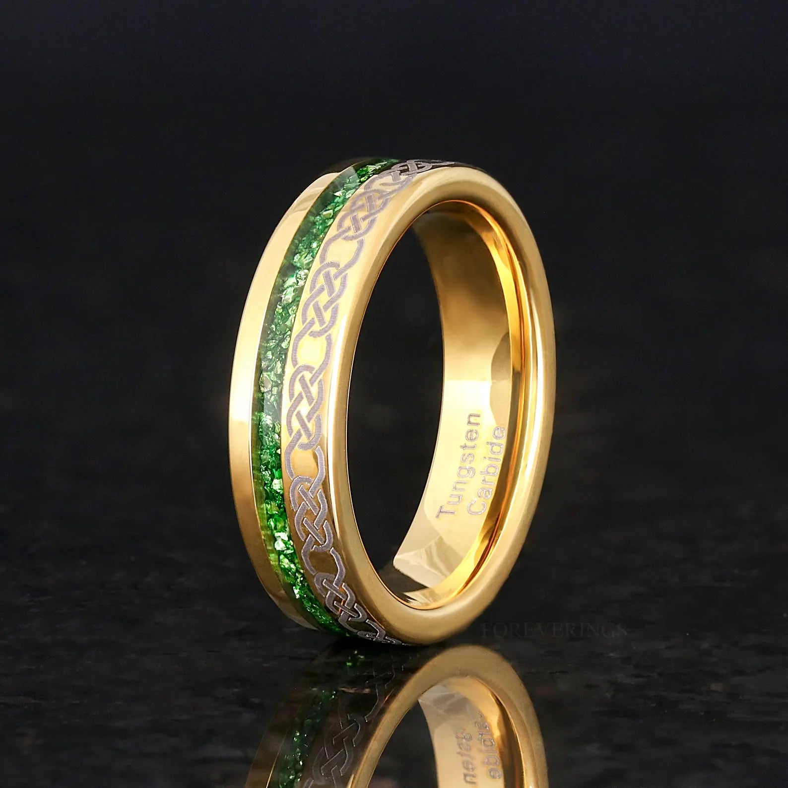 Emerald Mens Wedding Band, Gold Tungsten Celtic Knot Ring, 6mm Green Gemstone Ring, Unique Men Engagement & Promise Ring, Flat Offset Inlay