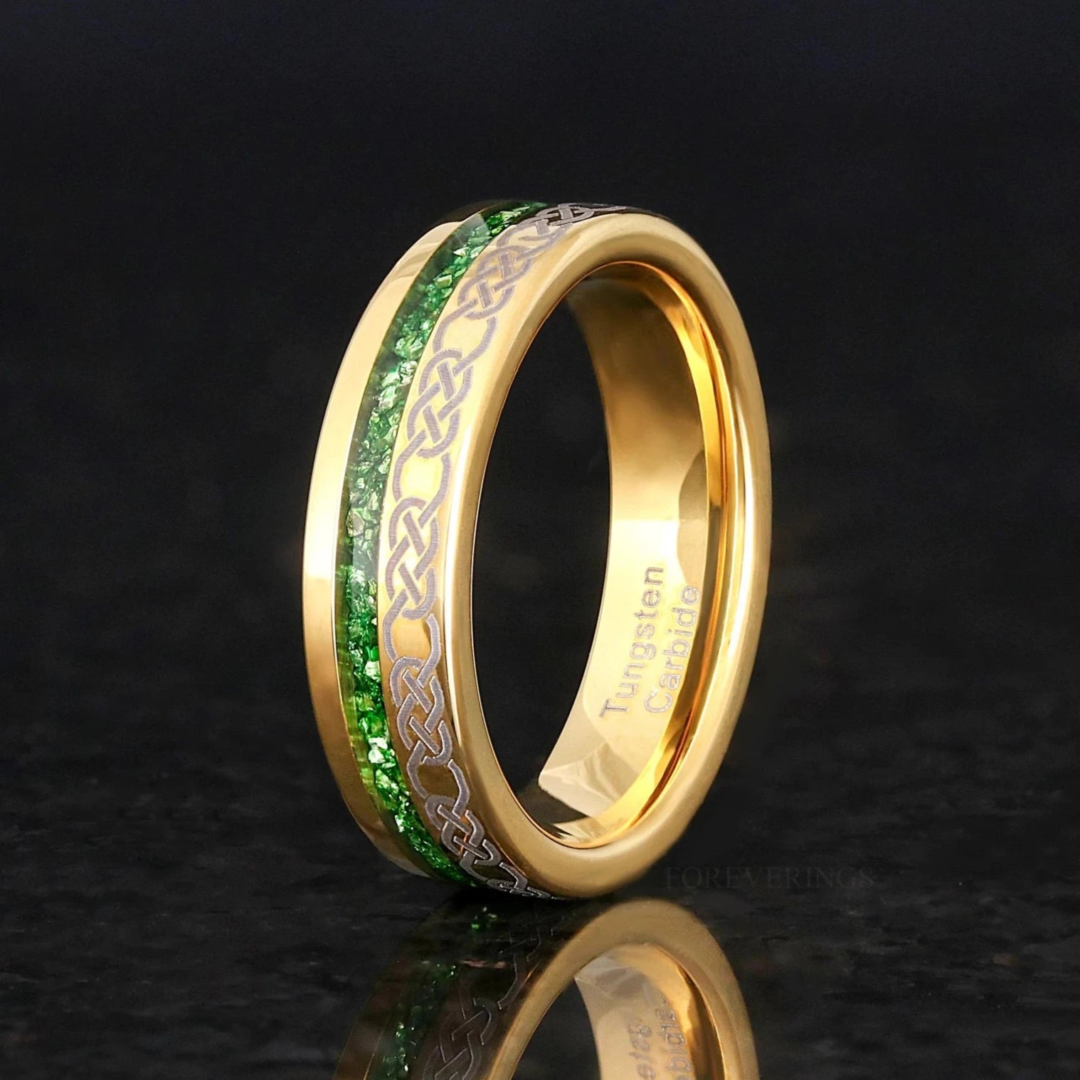 Emerald Mens Wedding Band, Gold Tungsten Celtic Knot Ring, 6mm Green Gemstone Ring, Unique Men Engagement & Promise Ring, Flat Offset Inlay