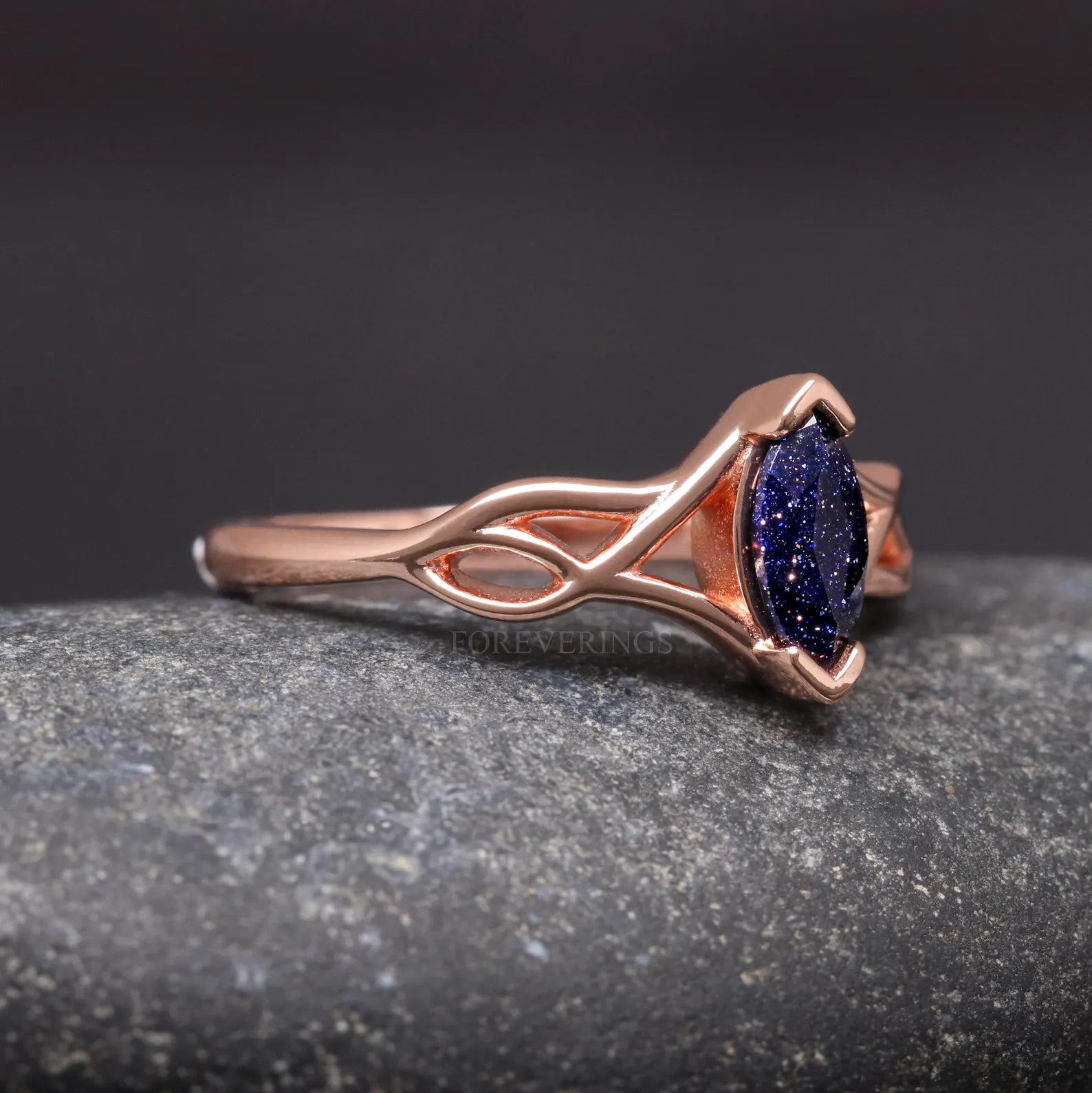 Starry Night Galaxy Engagement Ring, Womens Wedding Ring, Great Rift Nebula Ring, Rose Gold 925 Sterling Silver, Blue Sandstone, Celtic Knot