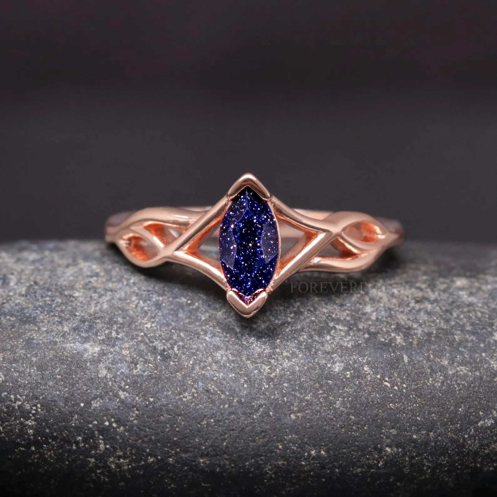 Starry Night Galaxy Engagement Ring, Womens Wedding Ring, Great Rift Nebula Ring, Rose Gold 925 Sterling Silver, Blue Sandstone, Celtic Knot