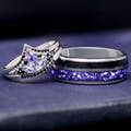 Matching silver couples ring set: lotus alexandrite engagement ring beside an 8mm tungsten band with alexandrite inlay