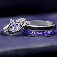 Mystic Lotus Wedding Ring Set, His and Her Crab Nebula Engagement Ring Set, Space Alexandrite, Black Onyx, Tungsten, 925 Sterling Silver