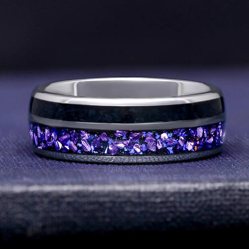 Men Space Wedding Band, Silver Tungsten Ring, Unique Engagement Ring, Crab Nebula Ring, Alexandrite & Black Onyx, Purple Sandstone, Lotus