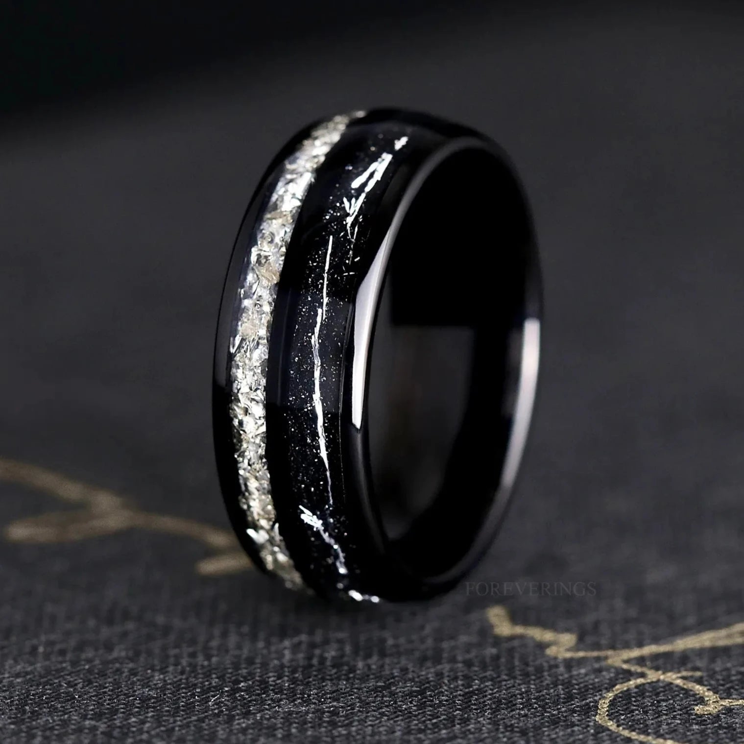 Diamond Black Tungsten Ring - Men Wedding Band, Silver Flake Inlay, Black Dust, Polish Dome, Unique Groom Ring for Him, Men Engagement Ring