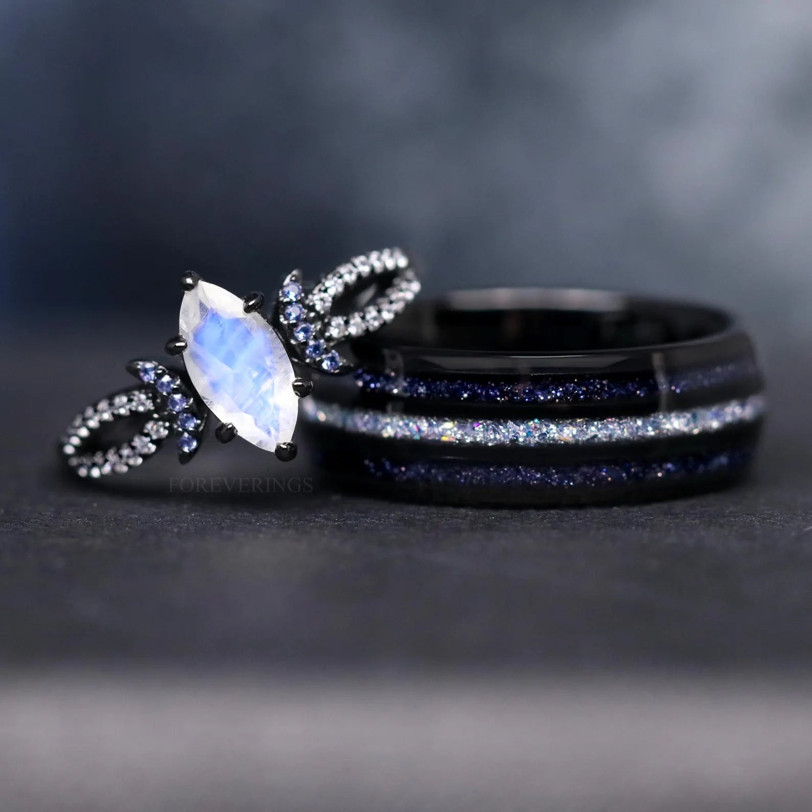 Lunara Couples Moonstone Ring Set, His and Her Wedding Ring, Unique Promise Ring, Starry Night Court, Crescent Moon, Fantasy Goth Wedding