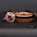 His and hers wedding ring set, the smoky quartz engagement ring leaning on the whiskey barrel band