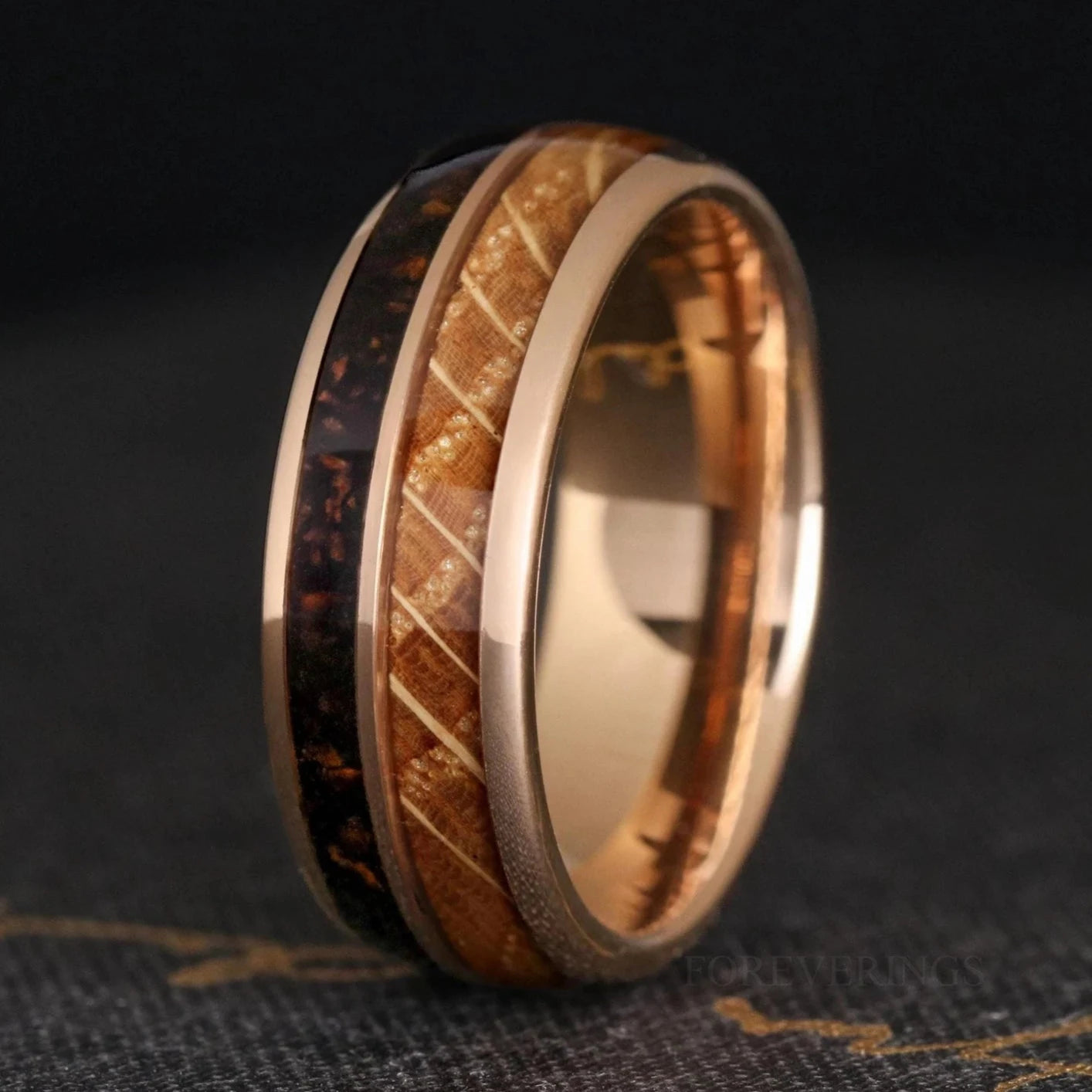 Coffee & Whiskey Barrel Ring, Men Wedding Band, Rose Gold Tungsten Ring, Man Wood Wedding Ring, Coffee Gift for Men, Unique Promise Ring