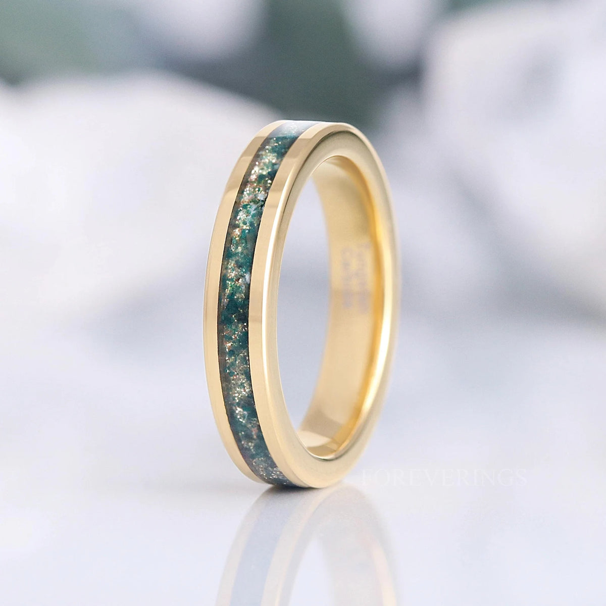 Gold Moss Agate Wedding Band, 4mm Nature-Inspired Ring, Unique Promise Ring, Fantasy Wedding Band, Gold & Green Moss Agate Ring, Engraving