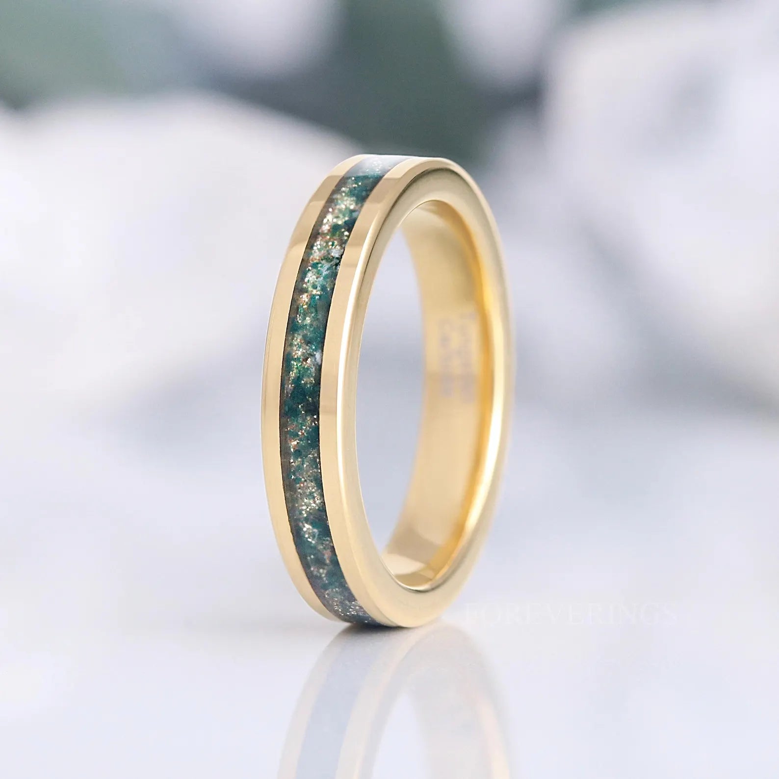 Gold Moss Agate Couples Ring Set, Nature-Inspired His and Hers Wedding Bands, Matching Green & Gold Tungsten Promise Ring Set