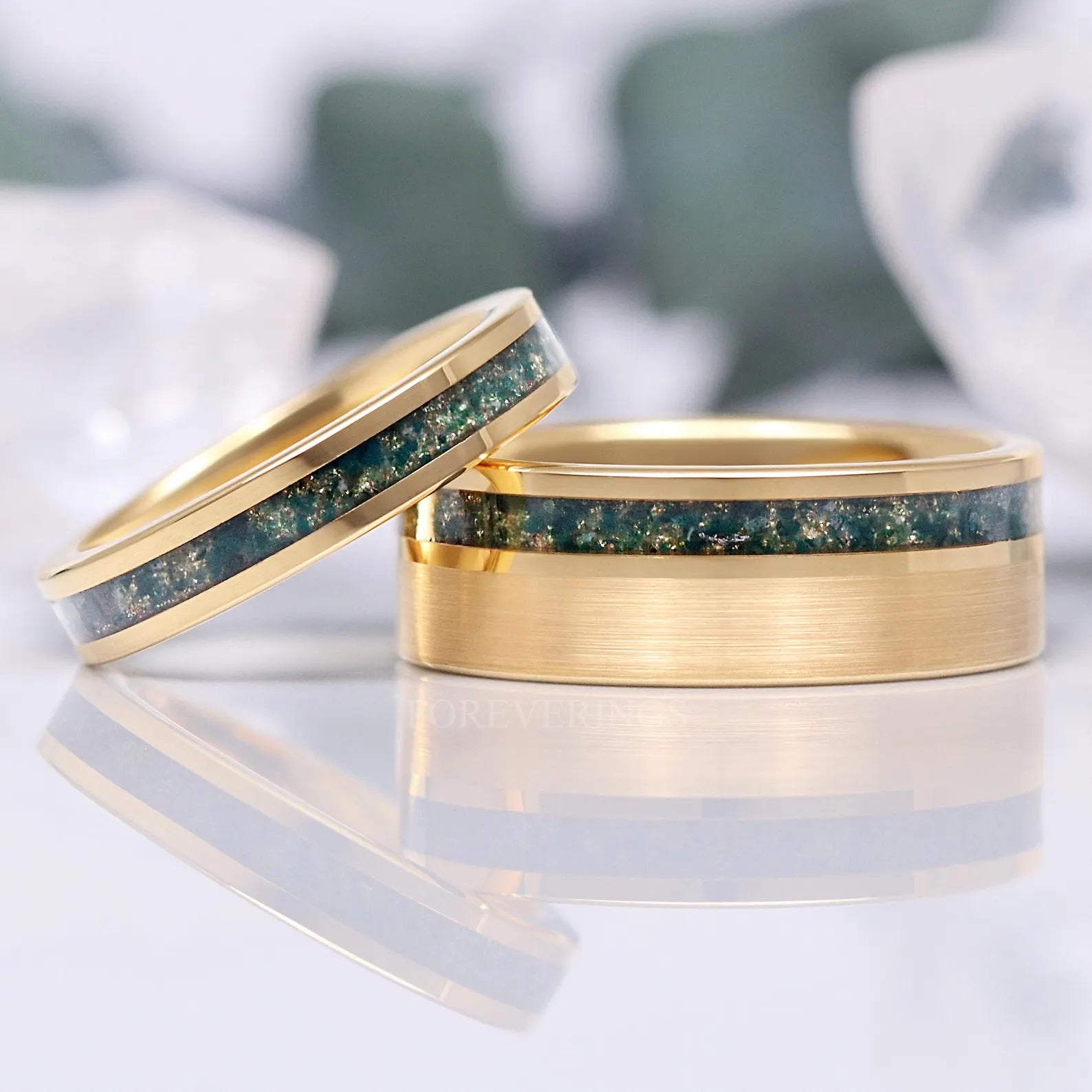 Gold Moss Agate Couples Ring Set, Nature-Inspired His and Hers Wedding Bands, Matching Green & Gold Tungsten Promise Ring Set