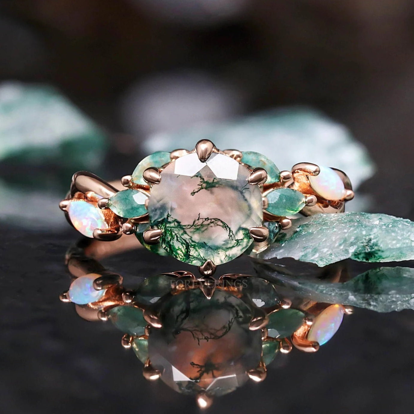 Nesta Rose Gold Moss Agate Ring, Unique Engagement Ring, Enchanted Promise Ring, Fantasy Wedding Ring, 925 Silver, Womens Nature Leaf Ring