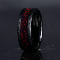 His and Hers Tungsten Wedding Band Set, Crushed Black Fire Opal, 8mm & 4mm Black Tungsten Rings, Hammer, Flat, Matte Brushed, Comfort Fit