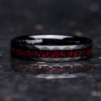 His and Hers Tungsten Wedding Band Set, Crushed Black Fire Opal, 8mm & 4mm Black Tungsten Rings, Hammer, Flat, Matte Brushed, Comfort Fit
