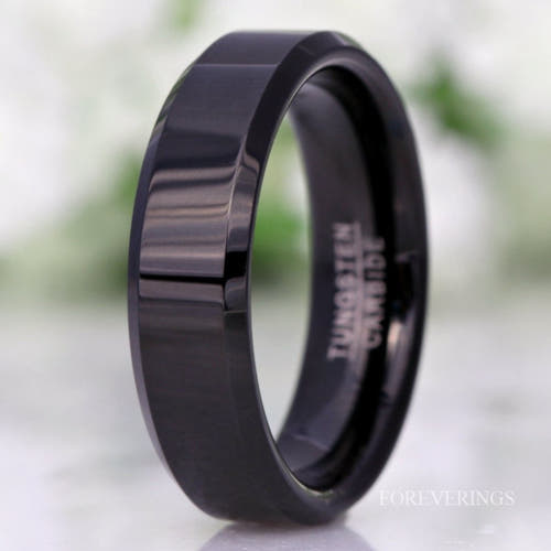 6mm polished black tungsten wedding band with a flat face and beveled edges