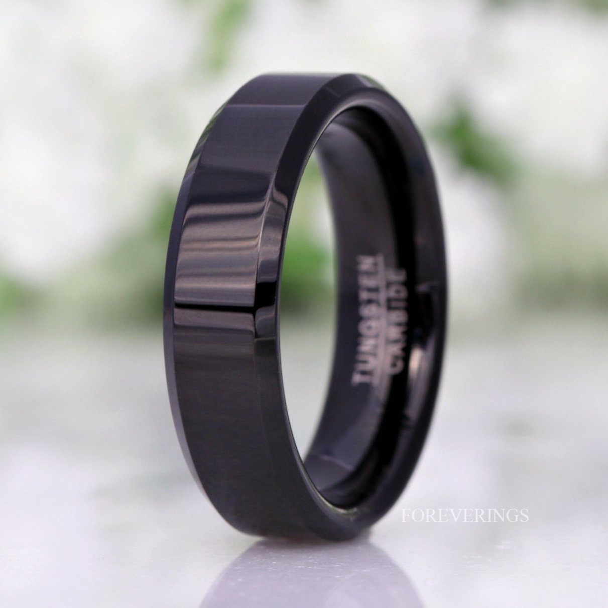 Simple Black Tungsten Ring, 6mm Man Woman Wedding Band, Flat, Beveled, Polished, Black Promise Ring,  Anniversary Ring, Ring Engraving