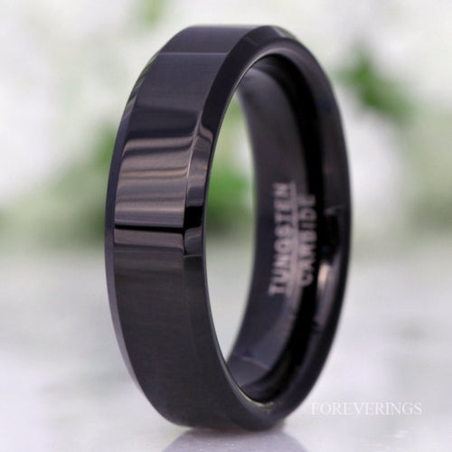 6mm polished black tungsten wedding band with a flat face and beveled edges