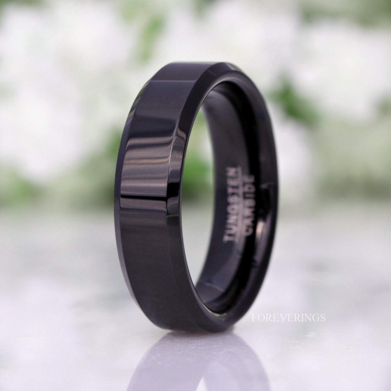 Simple Black Tungsten Ring, 6mm Man Woman Wedding Band, Flat, Beveled, Polished, Black Promise Ring,  Anniversary Ring, Ring Engraving