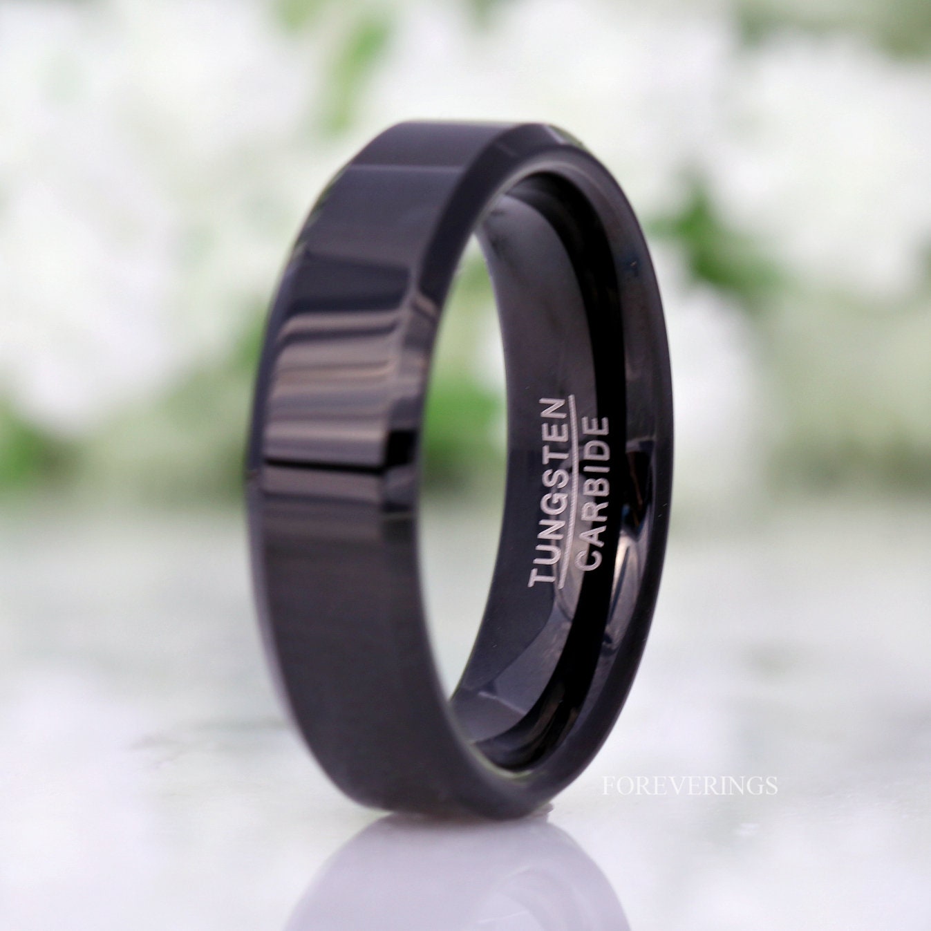 Simple Black Tungsten Ring, 6mm Man Woman Wedding Band, Flat, Beveled, Polished, Black Promise Ring,  Anniversary Ring, Ring Engraving