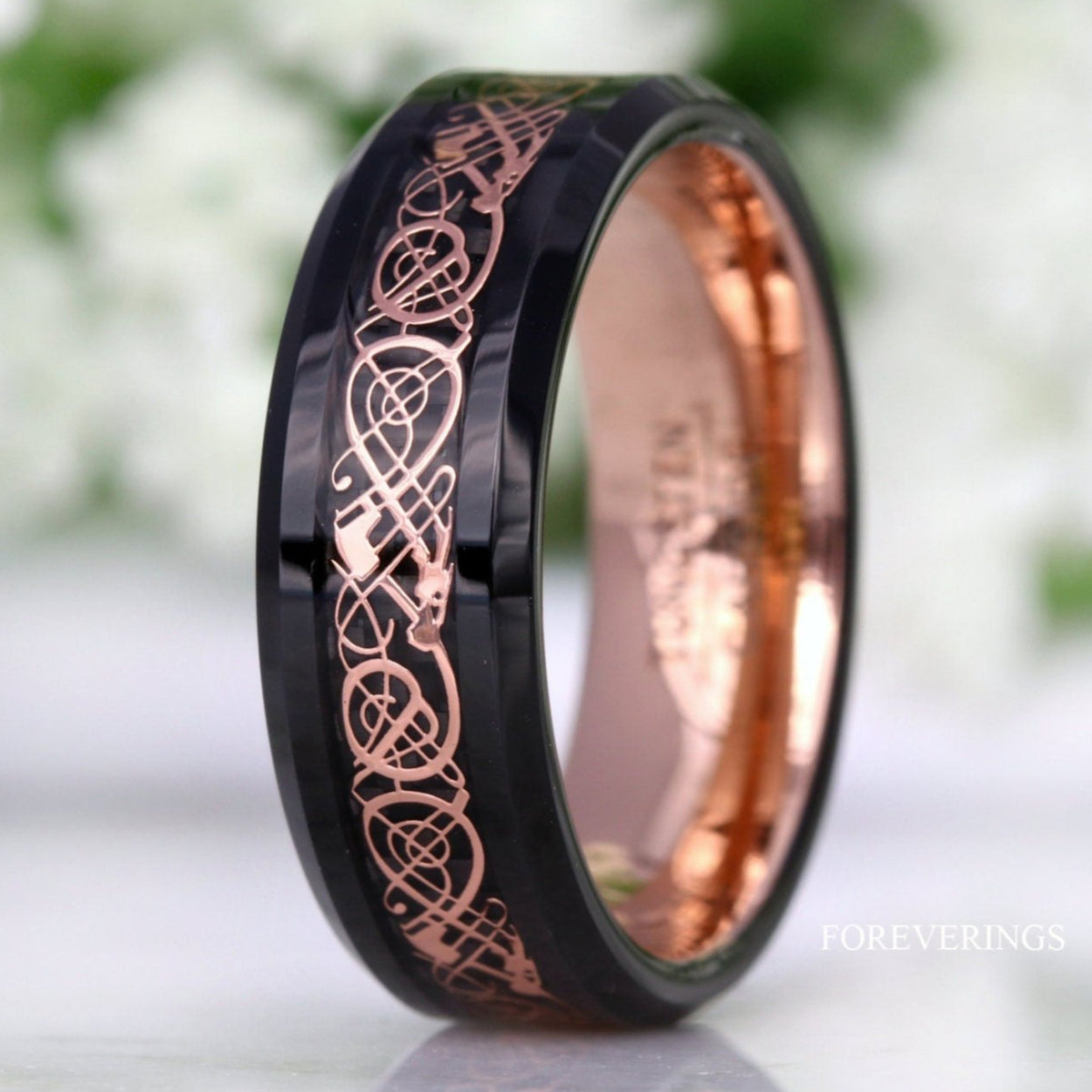 Mens Celtic Ring, Tungsten Wedding Band, Black and Rose Gold, Viking Dragon Inlay, Man Engagement Ring, Promise Ring for Him, Ring Engraving