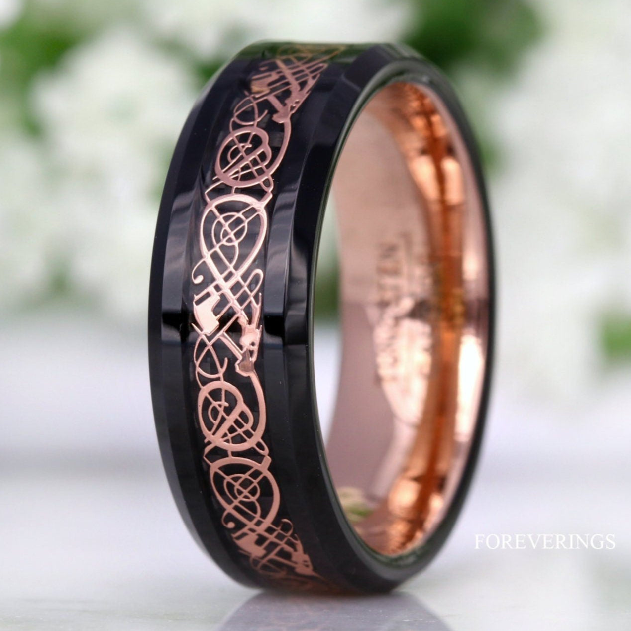Mens Celtic Ring, Tungsten Wedding Band, Black and Rose Gold, Viking Dragon Inlay, Man Engagement Ring, Promise Ring for Him, Ring Engraving