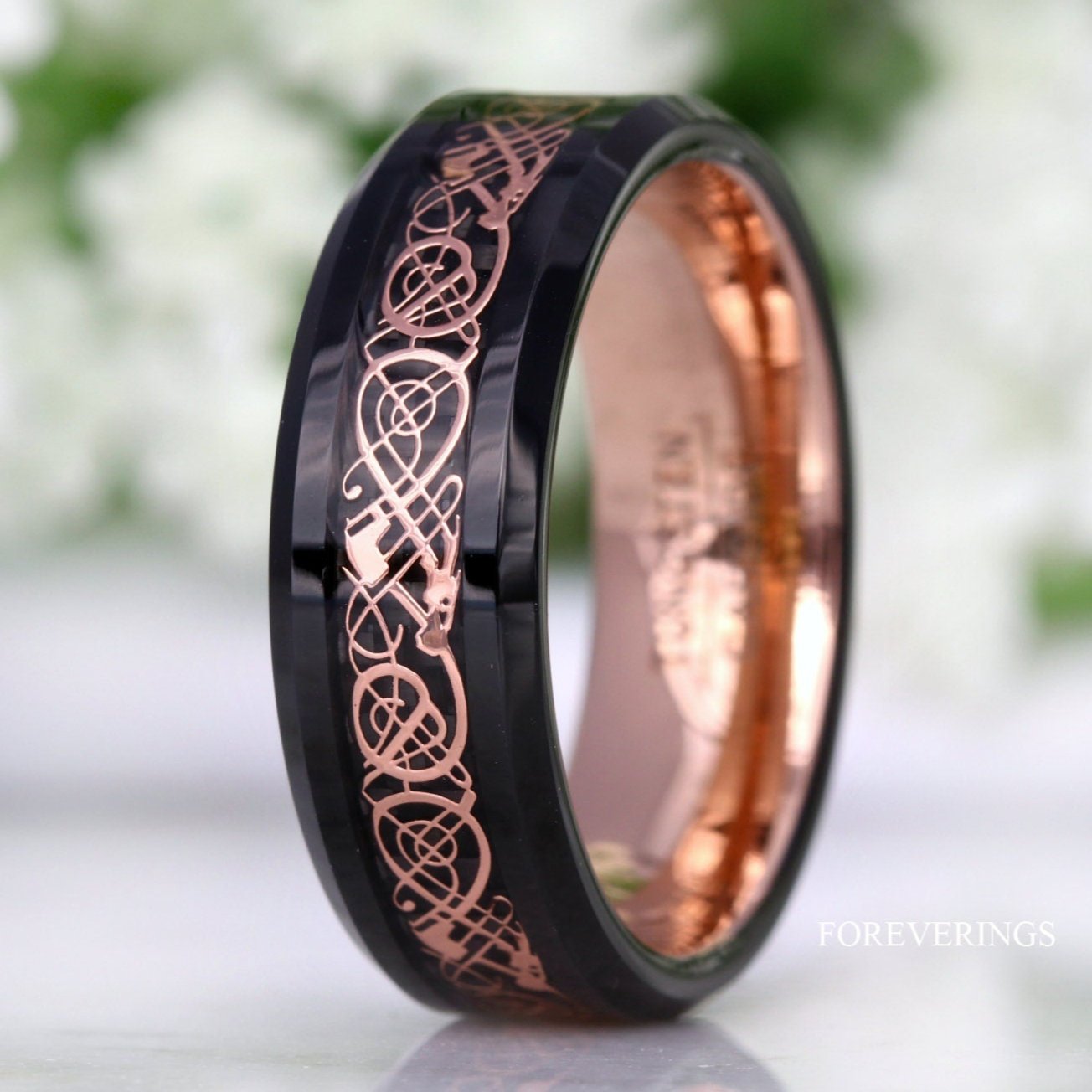 Mens Celtic Ring, Tungsten Wedding Band, Black and Rose Gold, Viking Dragon Inlay, Man Engagement Ring, Promise Ring for Him, Ring Engraving