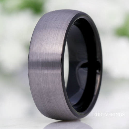 Men's 8mm brushed silver tungsten wedding band with black interior, domed