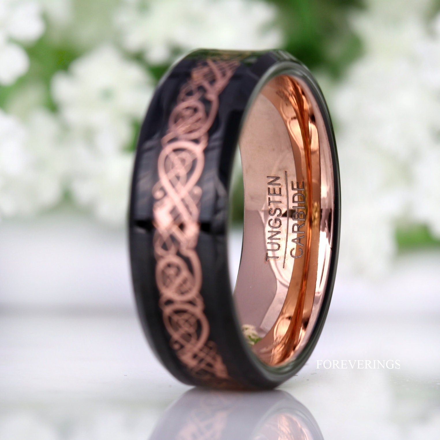 Mens Celtic Ring, Tungsten Wedding Band, Black and Rose Gold, Viking Dragon Inlay, Man Engagement Ring, Promise Ring for Him, Ring Engraving