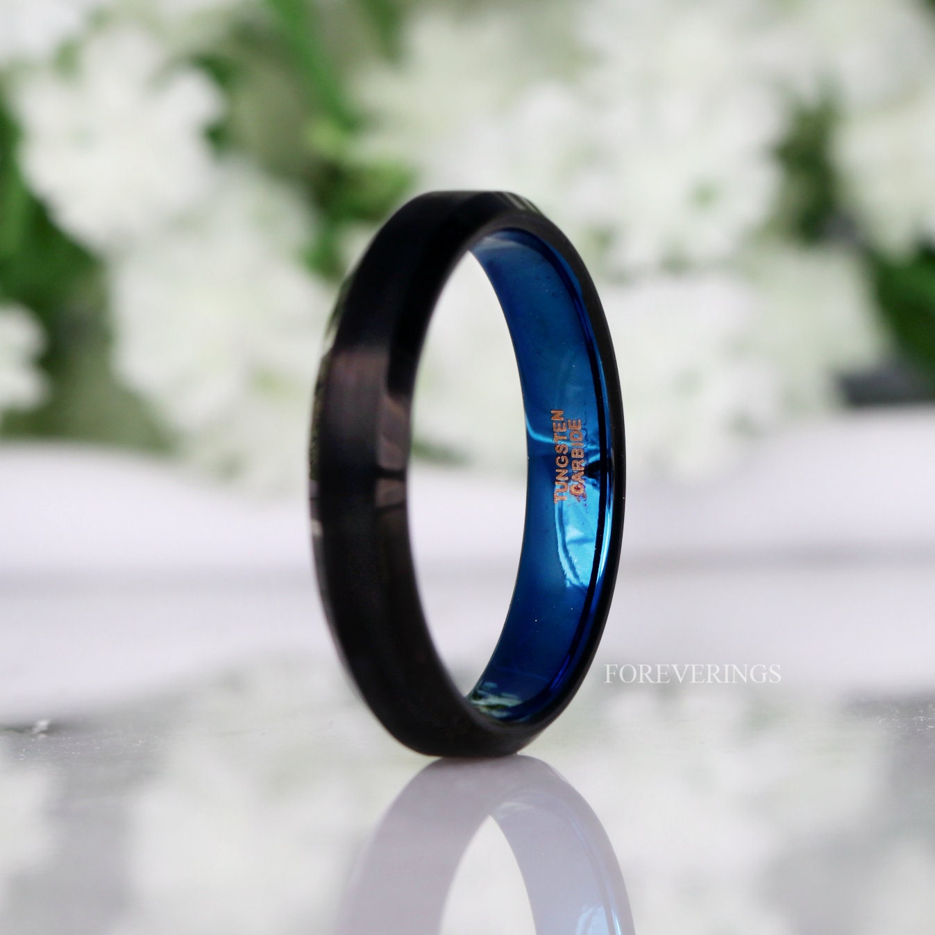 Blue Two Tone Ring, Matte Black Men Women Wedding Band, 4mm Thin Two Tone Tungsten Ring, Simple Minimalist Band, Ring Engraving