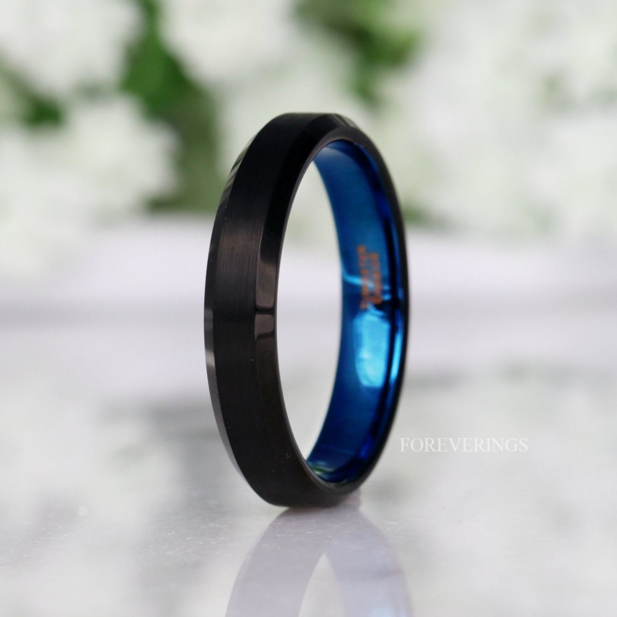 Blue Two Tone Ring, Matte Black Men Women Wedding Band, 4mm Thin Two Tone Tungsten Ring, Simple Minimalist Band, Ring Engraving