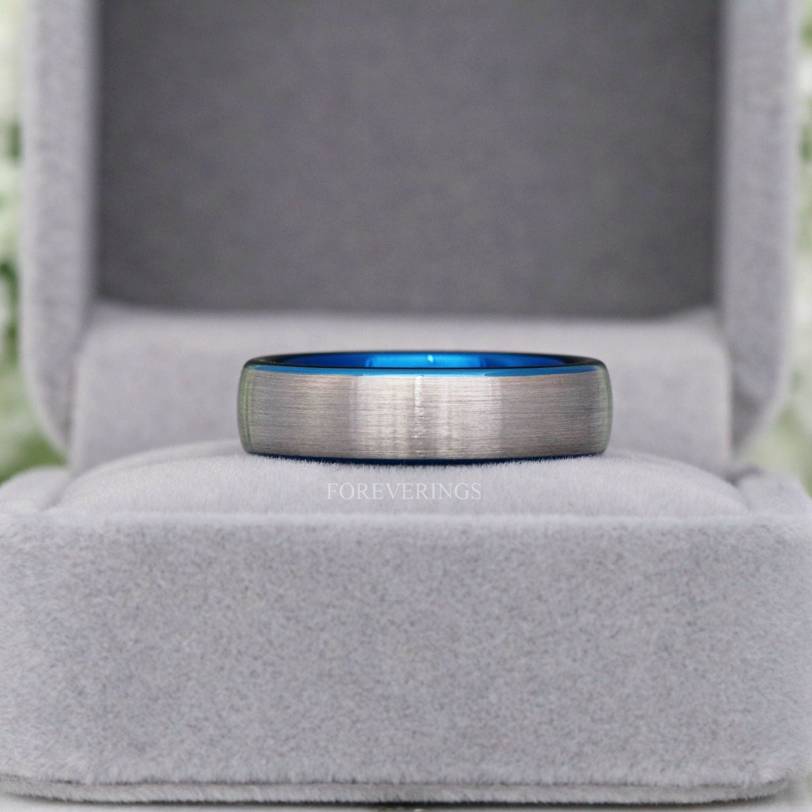 Blue Silver Two Tone Mens Wedding Band, 6mm Matte Tungsten Ring, Simple Classic Dome Band, Ring Engraving