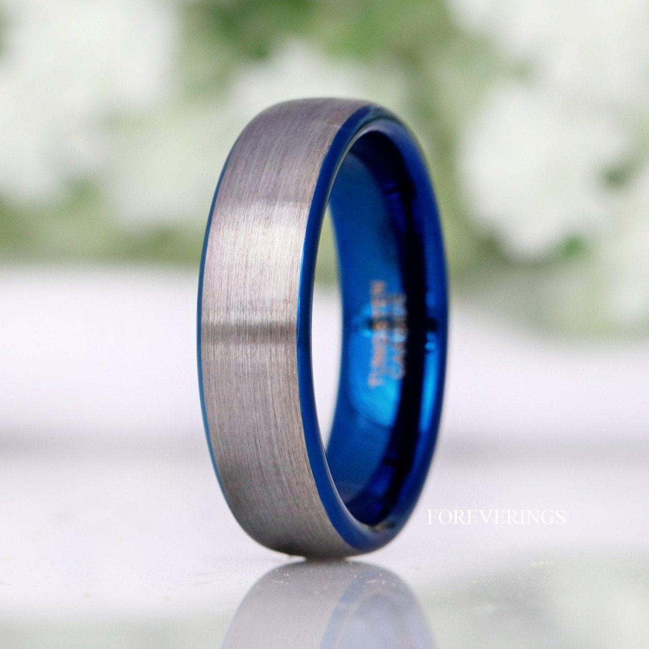 Blue Silver Two Tone Mens Wedding Band, 6mm Matte Tungsten Ring, Simple Classic Dome Band, Ring Engraving