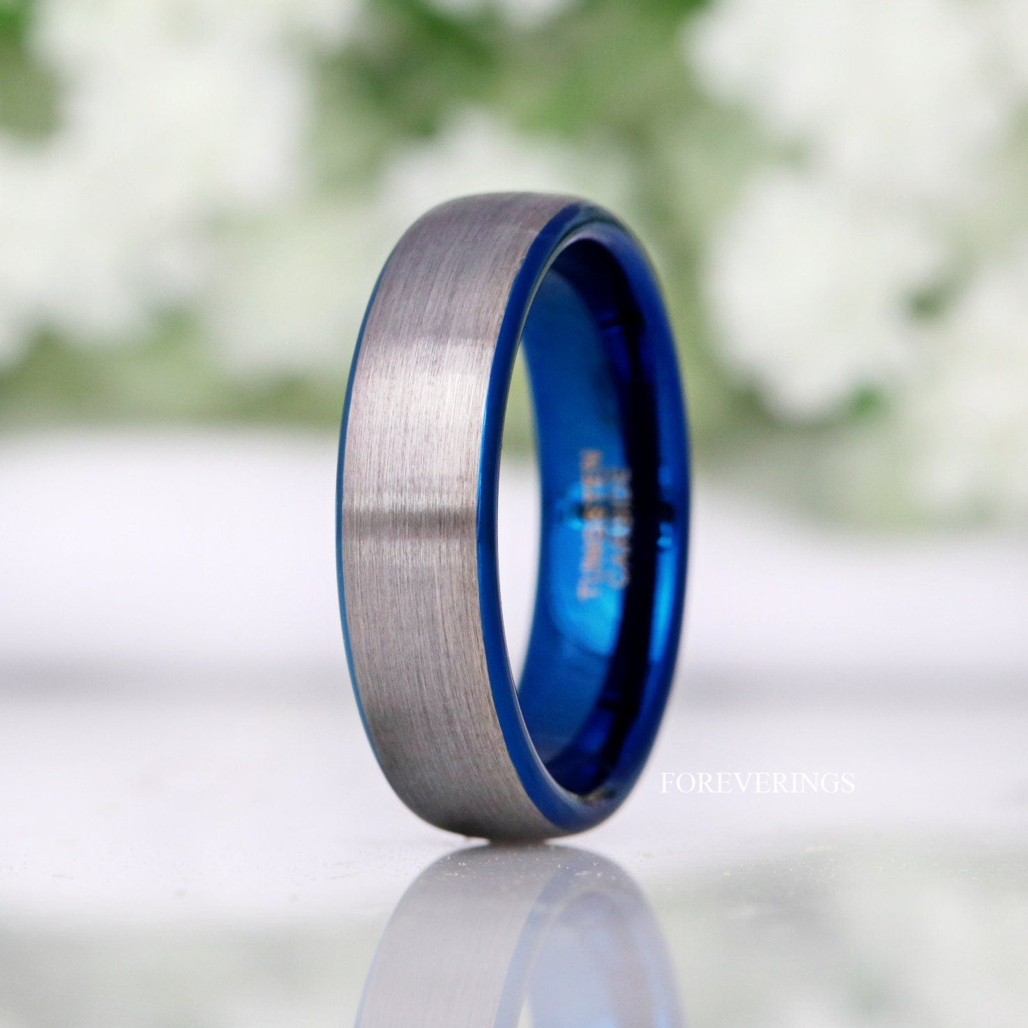 Blue Silver Two Tone Mens Wedding Band, 6mm Matte Tungsten Ring, Simple Classic Dome Band, Ring Engraving