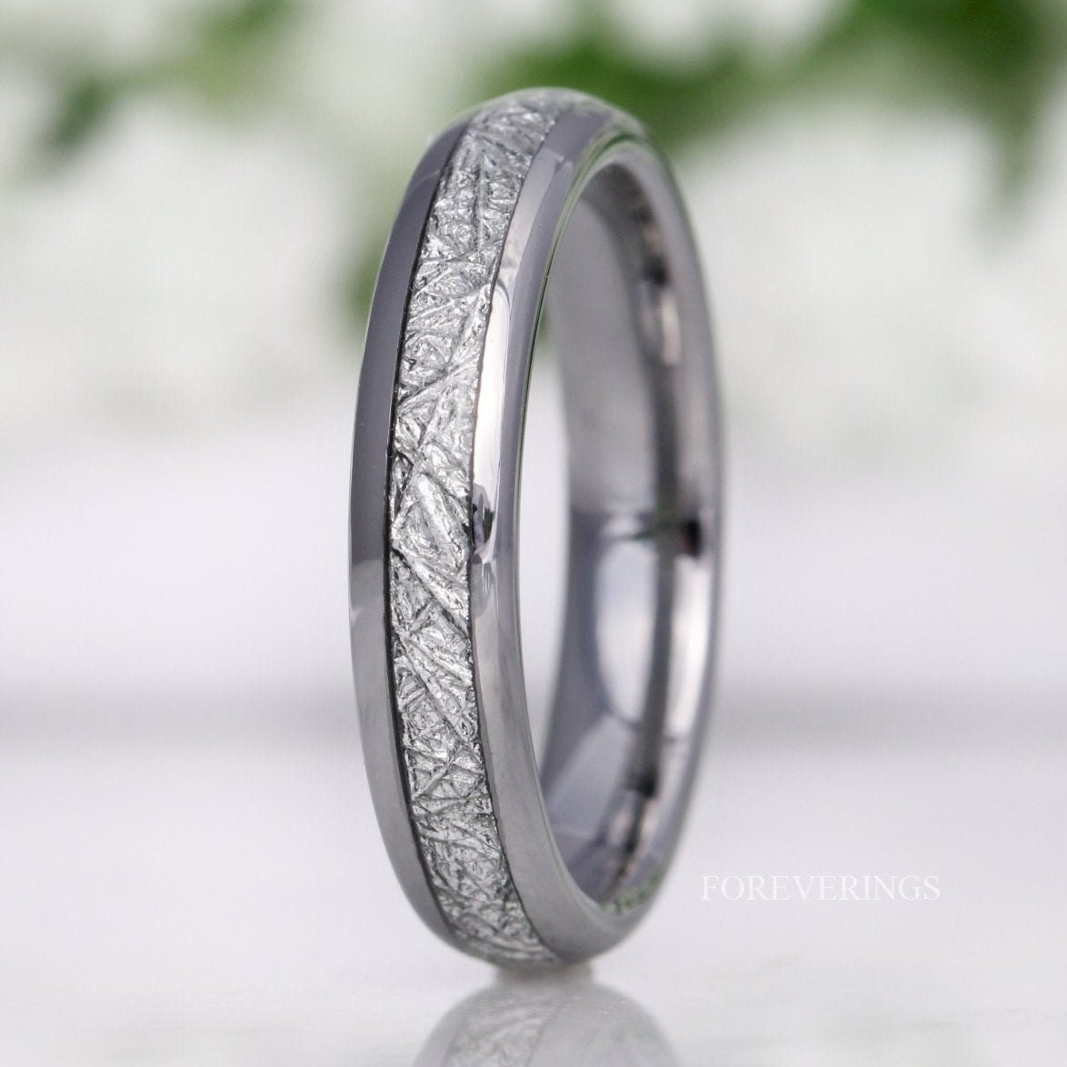 Meteorite Tungsten Wedding Band, 4mm Silver Tungsten Ring, No Plating, Women Men Ring, Meteorite Inlay, Comfort Fit, Polished, Dome