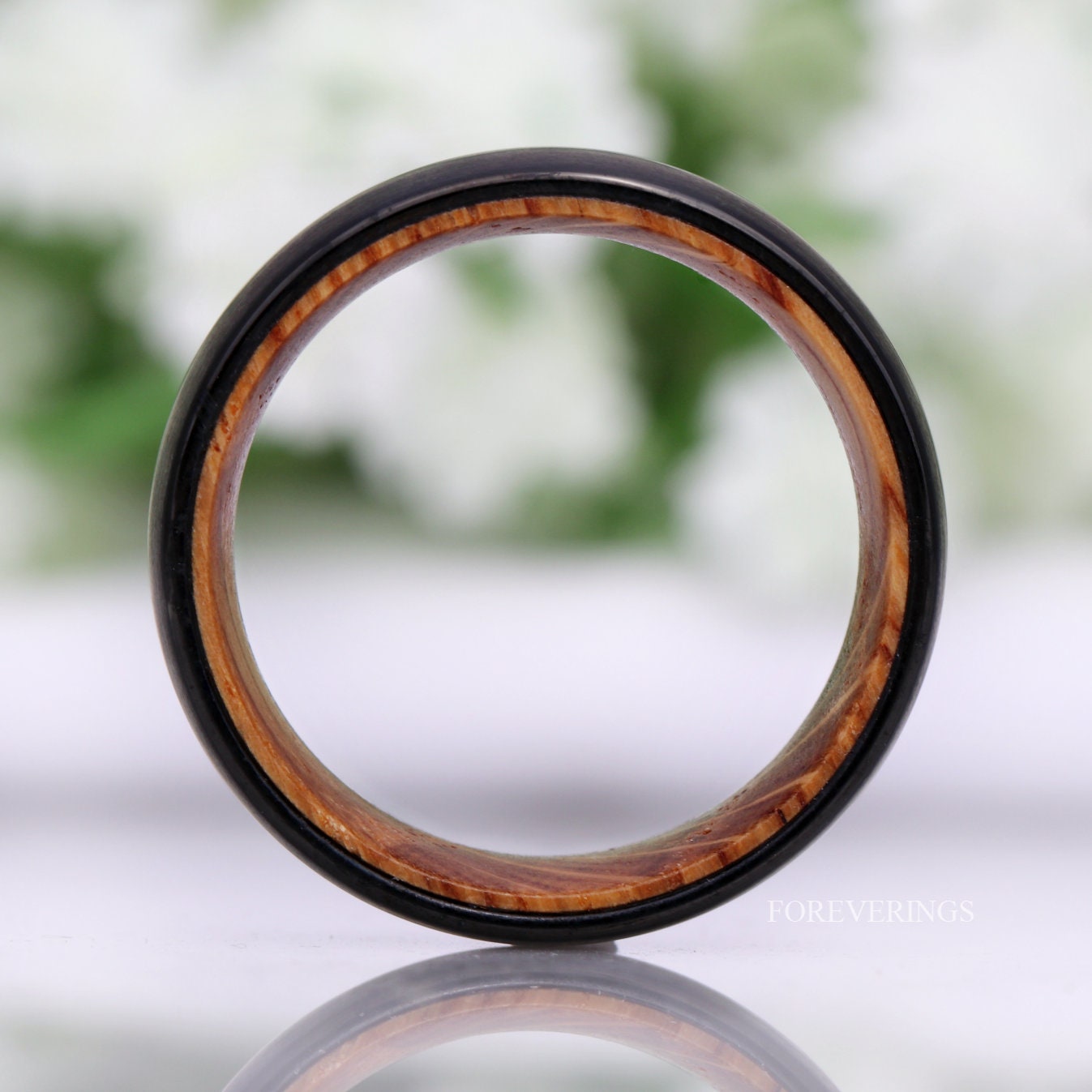 Whiskey Barrel Ring, Men Tungsten Wedding Band, 8mm-6mm Wood Ring, Matte Brushed, Black, Comfort Fit, Domed, Birthday Anniversary Gift