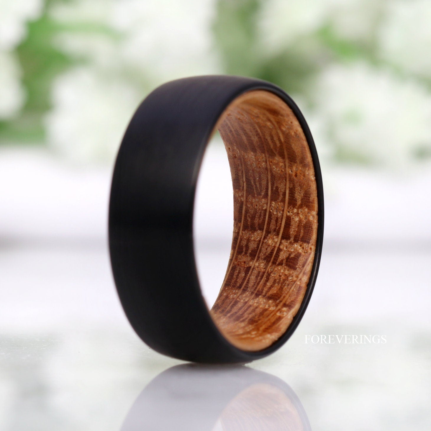 Whiskey Barrel Ring, Men Tungsten Wedding Band, 8mm-6mm Wood Ring, Matte Brushed, Black, Comfort Fit, Domed, Birthday Anniversary Gift