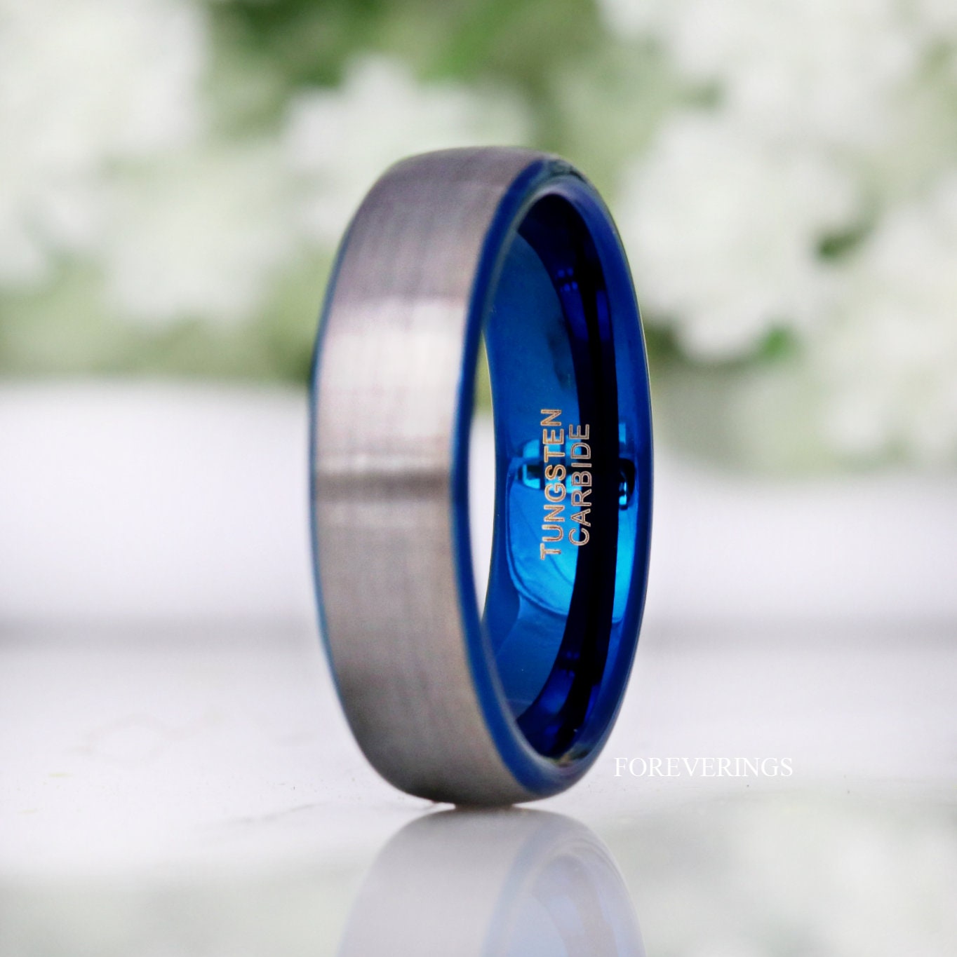 Blue Silver Two Tone Mens Wedding Band, 6mm Matte Tungsten Ring, Simple Classic Dome Band, Ring Engraving