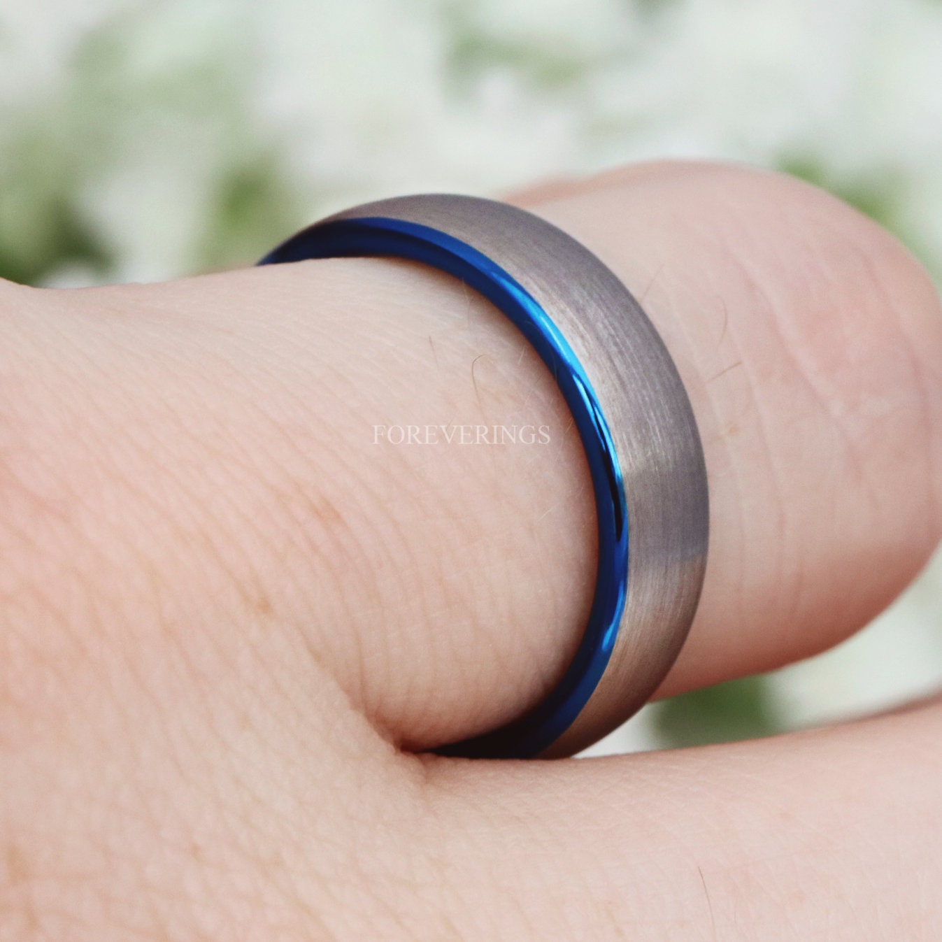 Blue Silver Two Tone Mens Wedding Band, 6mm Matte Tungsten Ring, Simple Classic Dome Band, Ring Engraving