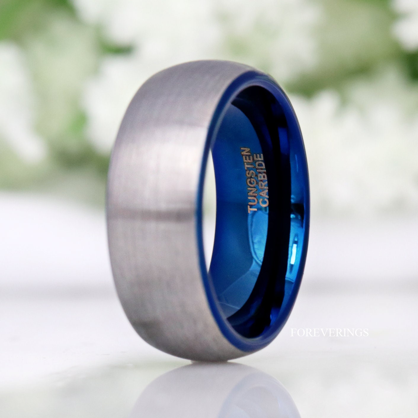 Blue Tungsten Ring, Mens Wedding Band, Mens Ring Blue, Two Tone, Blue and Silver, Brushed Ring, Dome, Silver Tungsten Band, Ring Engraving