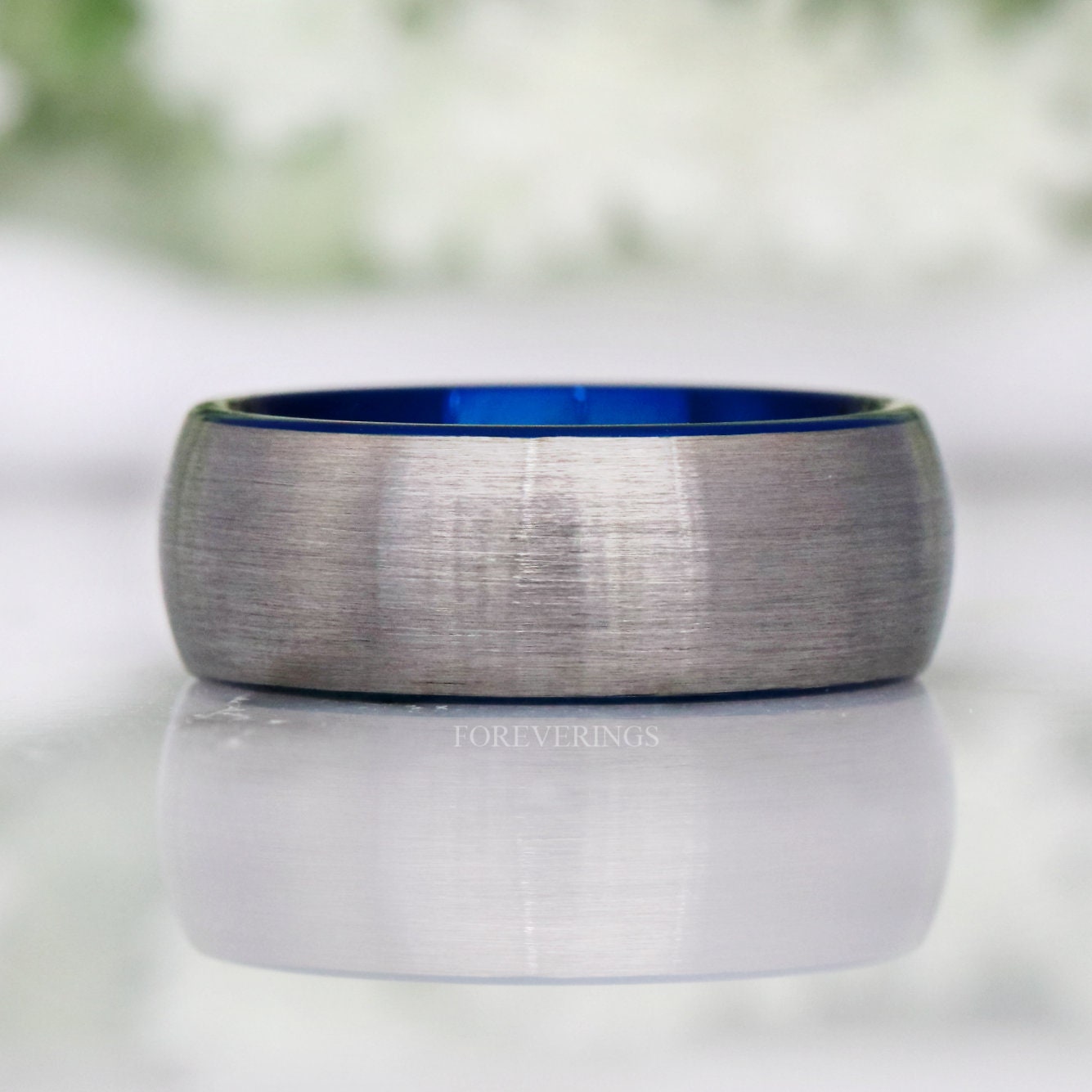 Blue Tungsten Ring, Mens Wedding Band, Mens Ring Blue, Two Tone, Blue and Silver, Brushed Ring, Dome, Silver Tungsten Band, Ring Engraving