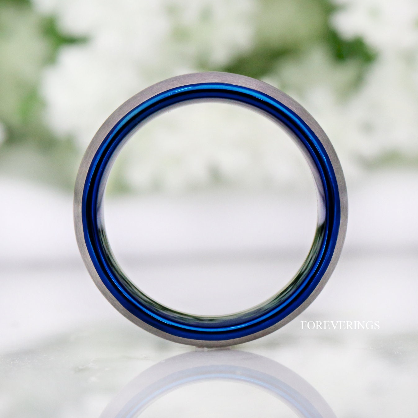 Blue Tungsten Ring, Mens Wedding Band, Mens Ring Blue, Two Tone, Blue and Silver, Brushed Ring, Dome, Silver Tungsten Band, Ring Engraving