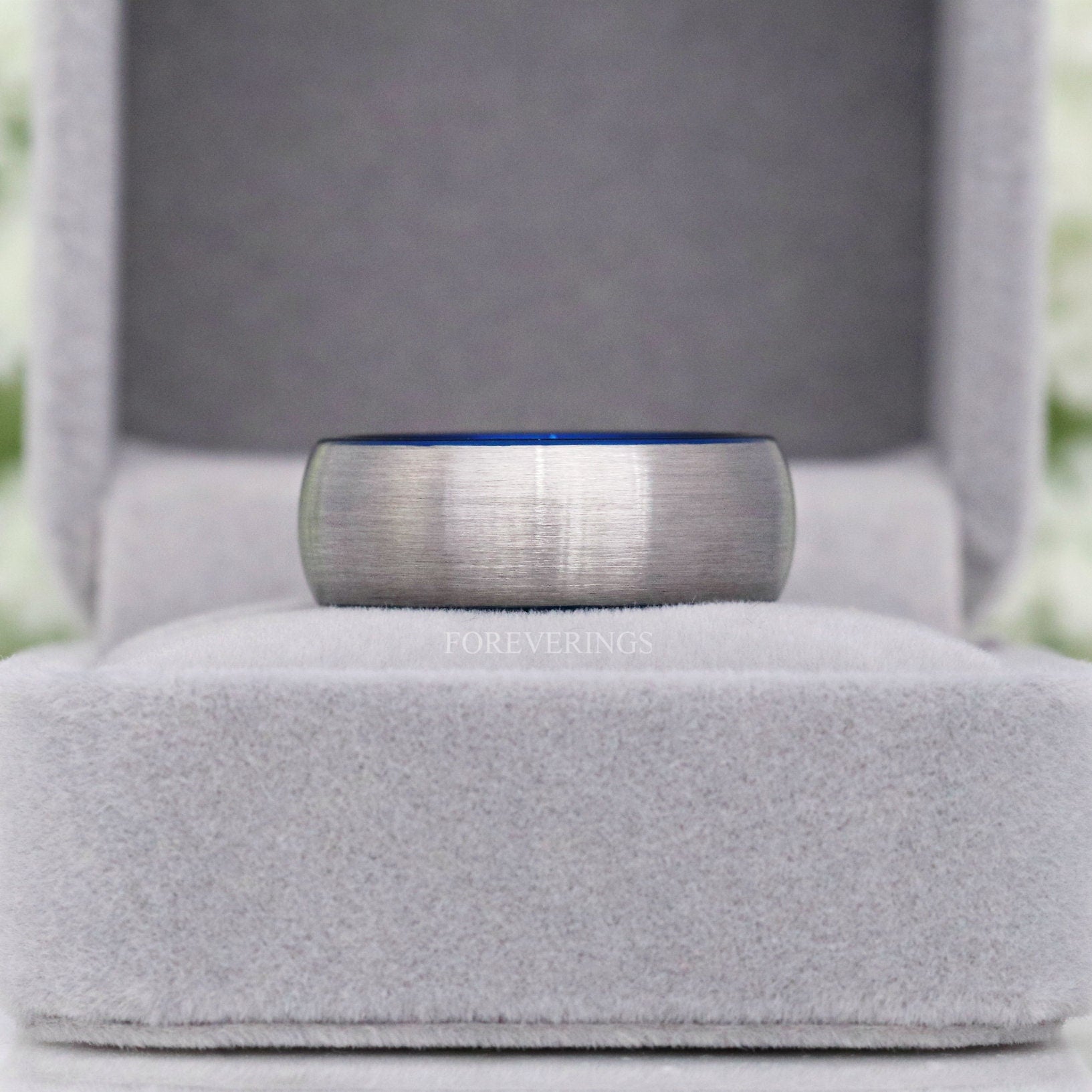 Blue Tungsten Ring, Mens Wedding Band, Mens Ring Blue, Two Tone, Blue and Silver, Brushed Ring, Dome, Silver Tungsten Band, Ring Engraving