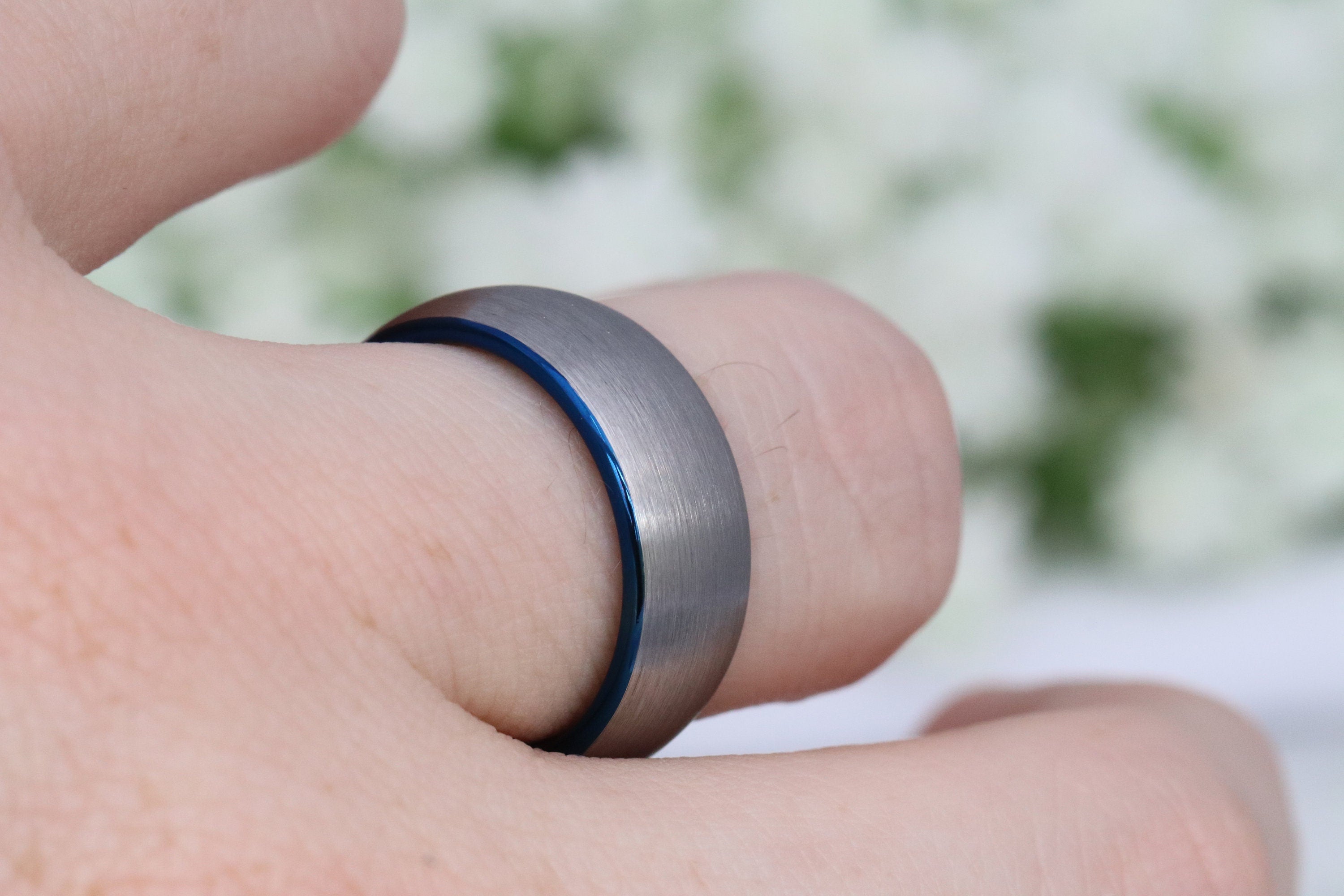 Blue Tungsten Ring, Mens Wedding Band, Mens Ring Blue, Two Tone, Blue and Silver, Brushed Ring, Dome, Silver Tungsten Band, Ring Engraving