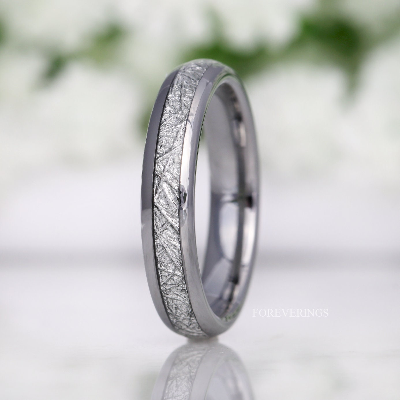 Meteorite Tungsten Wedding Band, 4mm Silver Tungsten Ring, No Plating, Women Men Ring, Meteorite Inlay, Comfort Fit, Polished, Dome