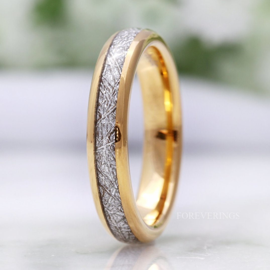 Meteorite Tungsten Wedding Band, 4mm Band, Yellow Gold Plated Ring, Women Men Ring, Comfort Fit, Unique Ring, Birthday Anniversary Gift