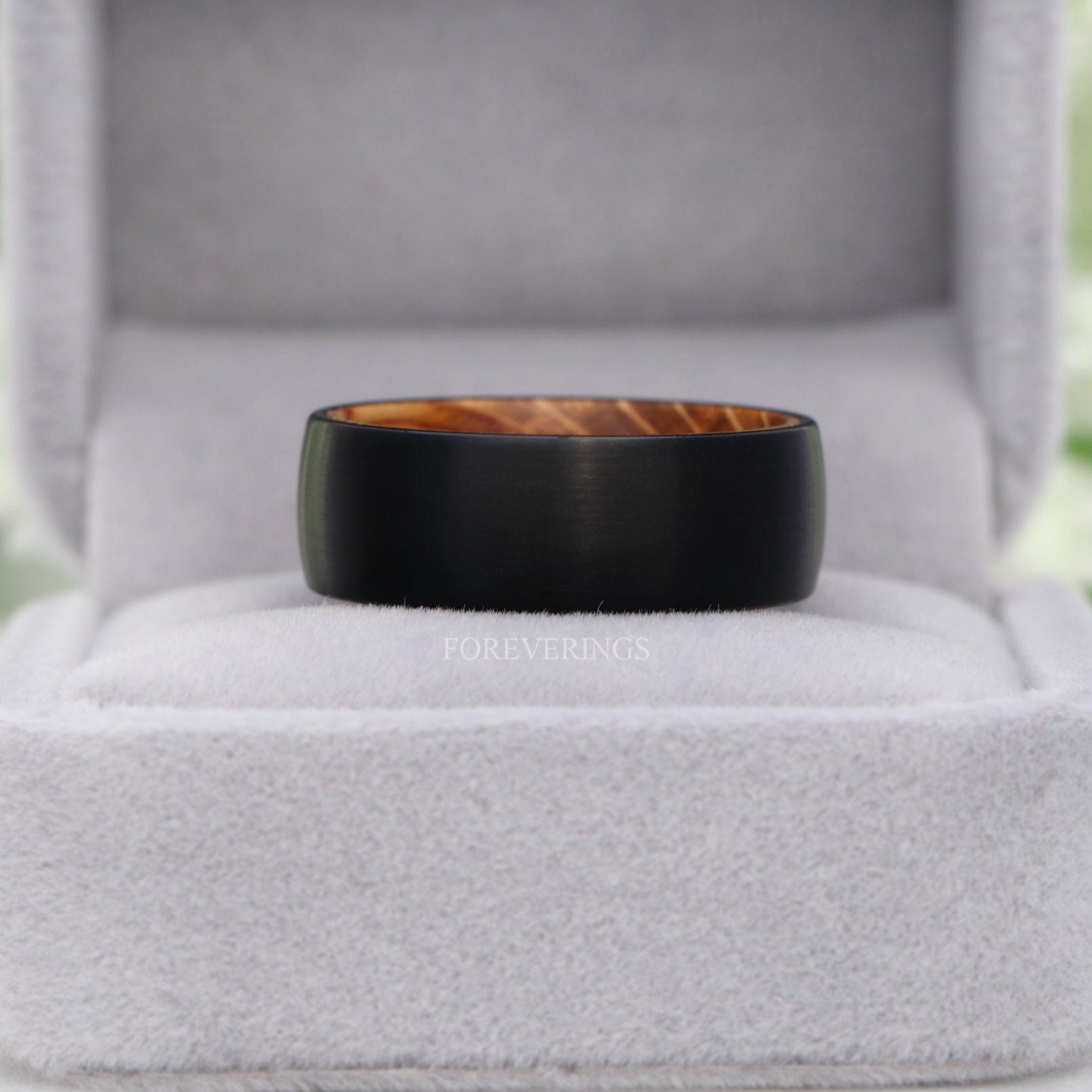 Whiskey Barrel Ring, Men Tungsten Wedding Band, 8mm-6mm Wood Ring, Matte Brushed, Black, Comfort Fit, Domed, Birthday Anniversary Gift