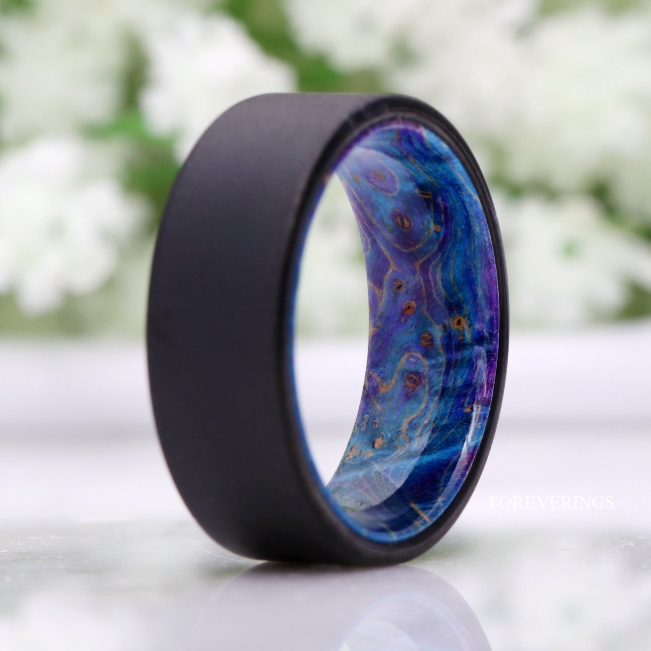 Blue Elder Wood Ring, 8mm Men Tungsten Wedding Band, Wood and Tungsten Ring, Sandblasted Black Ring, Comfort Fit, Flat, Gift for Him