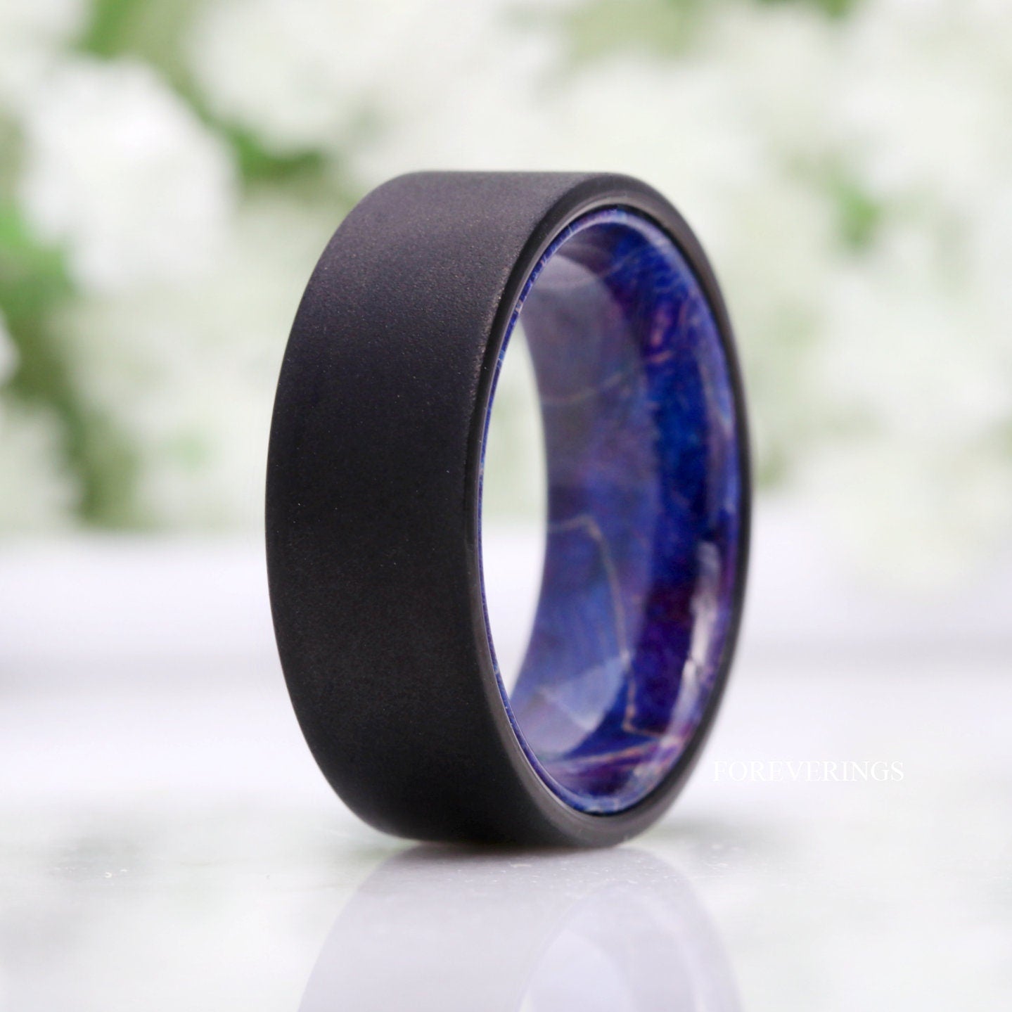 Blue Elder Wood Ring, 8mm Men Tungsten Wedding Band, Wood and Tungsten Ring, Sandblasted Black Ring, Comfort Fit, Flat, Gift for Him