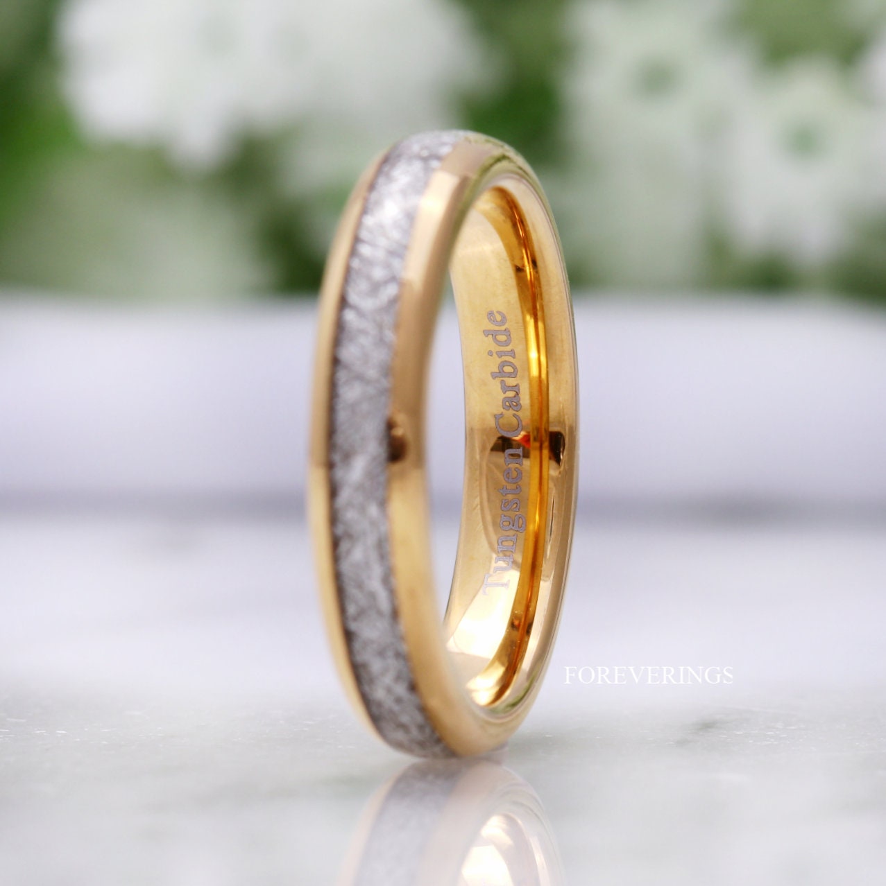 Meteorite Tungsten Wedding Band, 4mm Band, Yellow Gold Plated Ring, Women Men Ring, Comfort Fit, Unique Ring, Birthday Anniversary Gift